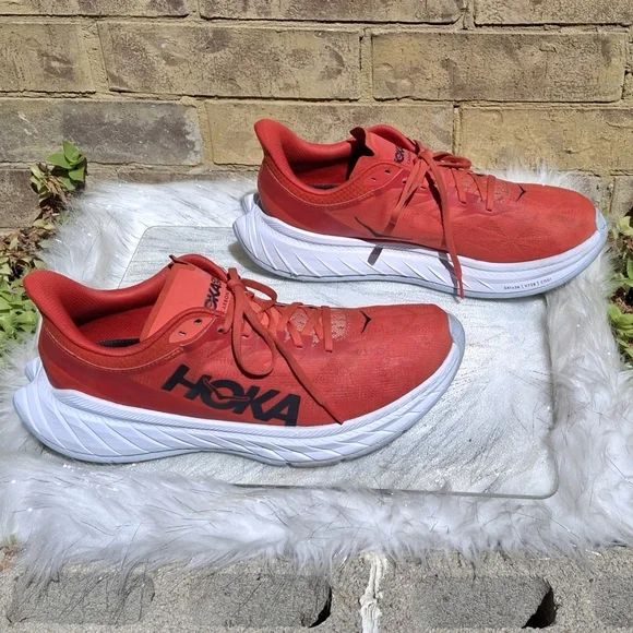 Hoka One One Carbon x 2 Fiesta Red Orange White Running Sneakers Men Size 12D